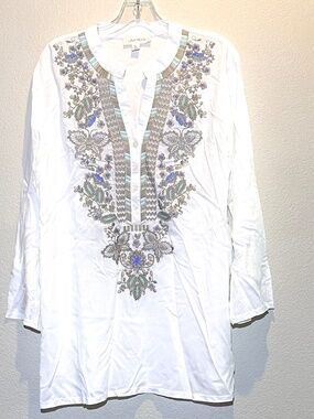 Luna Moon Embroidered Boho Tunic Long Folding Sleeves Neutral Size XL
